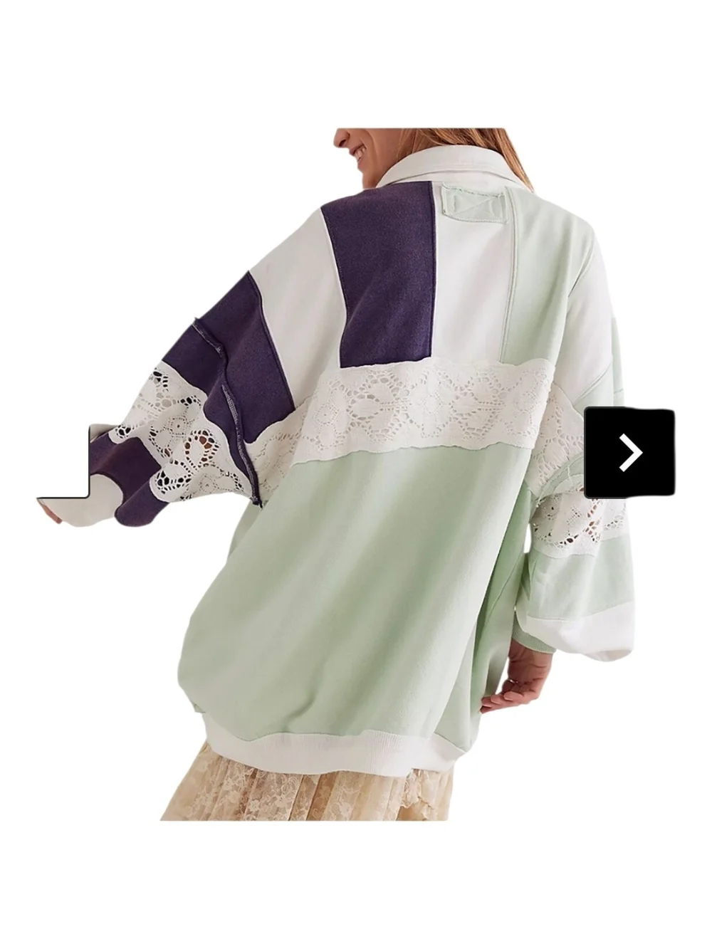 We The Free Lace-Trim Oversized Rugby Pullover in Mint, White & Purple - Picture 2 of 4